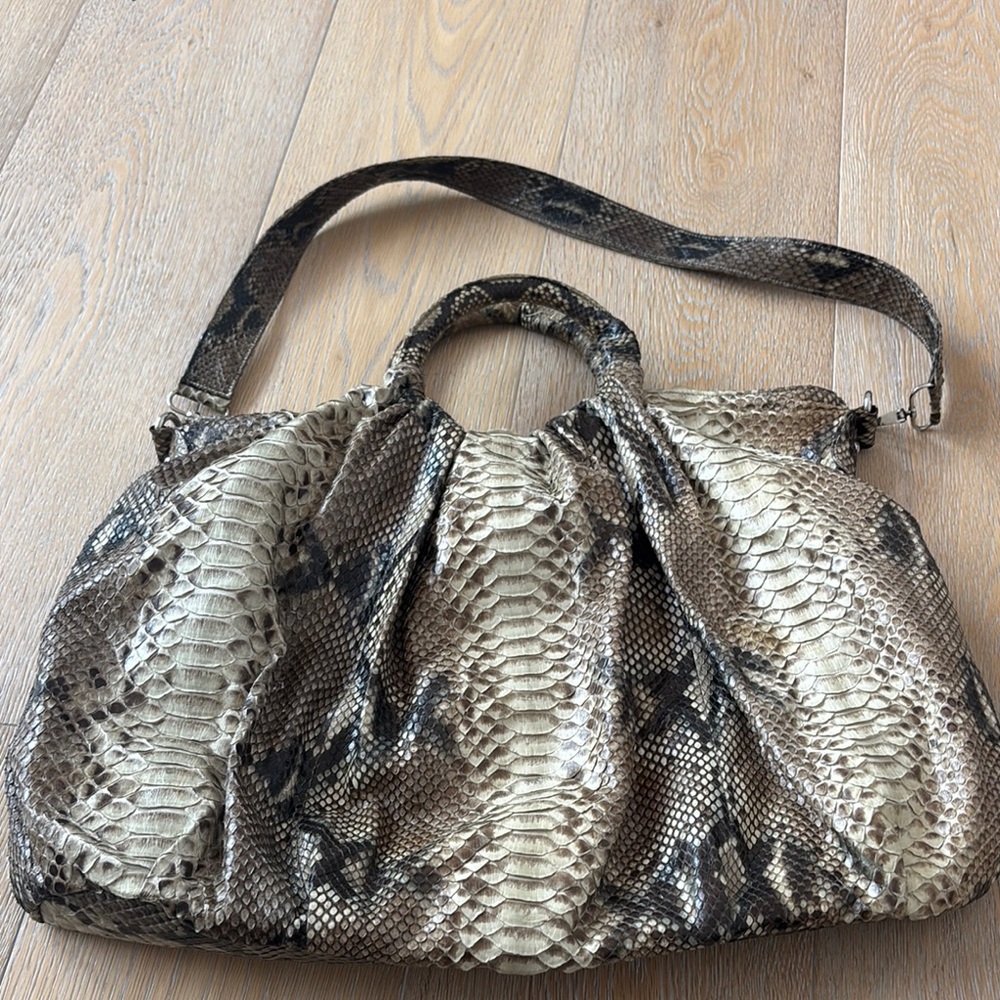 Grey Snake Print Shoulder Bag with Leather Strap